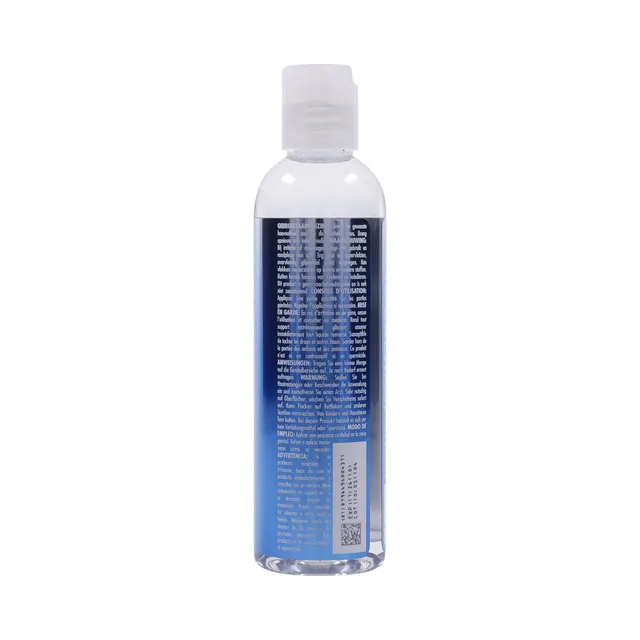 rear-left view of 4 oz Evolved Glisten bottle with multilingual product label
