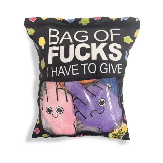 Black Bag of Fucks pillow with five multicolor plush fingers