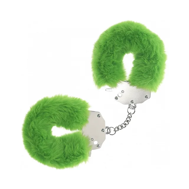 Shots Ouch green fluffy handcuffs fur-covered metal pair joined by short chain