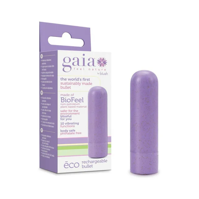 Blush Gaia Eco lilac rechargeable bullet vibrator beside package