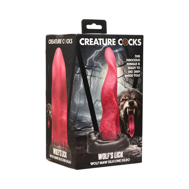 Creature Cocks Wolf's Lick long pink textured tongue and black wolf muzzle pictured in retail box