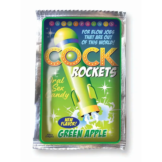 Cock Rockets Green Apple silver foil candy packet with green rocket graphic