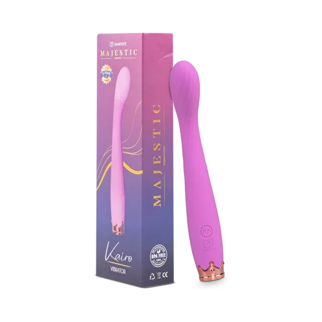 Camtoyz Kairo magenta thin vibrator beside tall purple retail box