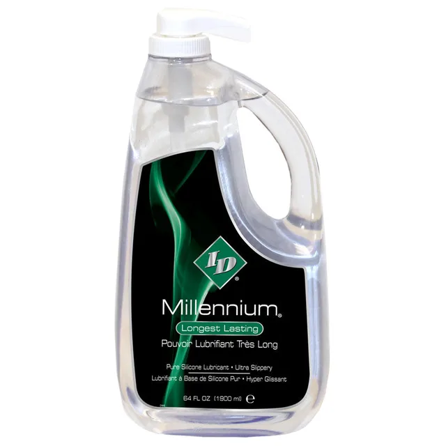 ID Millennium 64 oz clear handled pump jug with black green label