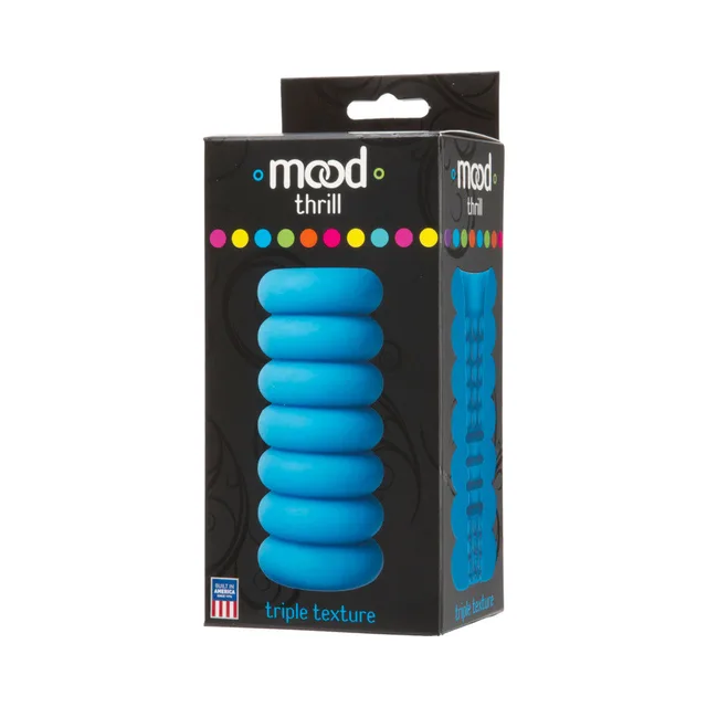 Doc Johnson Mood Thrill Blue black retail box with blue stroker