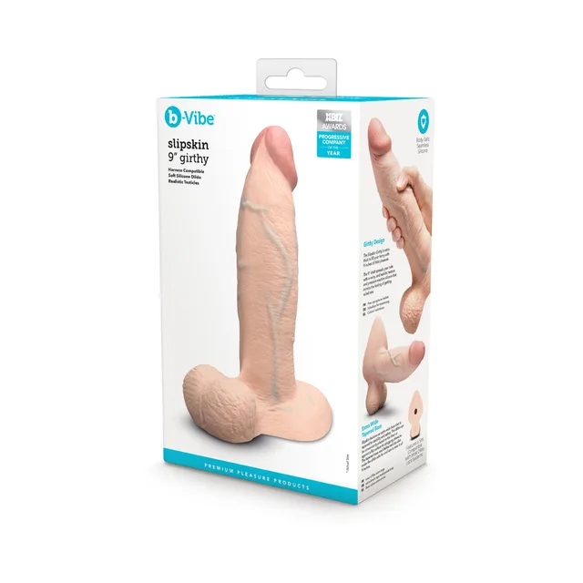 Cream 9-inch Slipskin Girthy dildo beside retail box