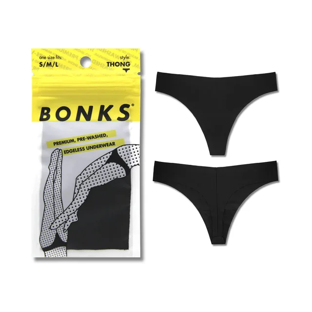 Bonks jet black seamless thong shown front and back beside yellow package