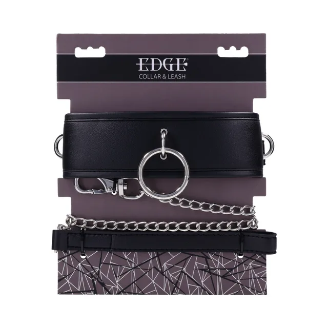 Sportsheets Edge black collar with silver chain leash and O-ring