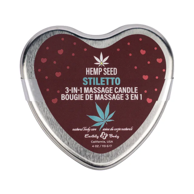 closed heart-shaped Stiletto hemp seed candle tin with red label