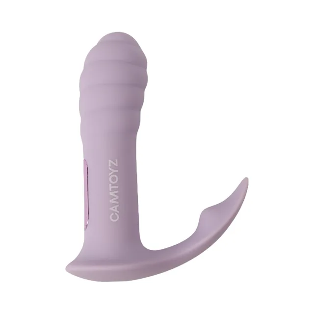 Camtoyz Juven light purple app panty vibrator front view of ribbed body and curved arm