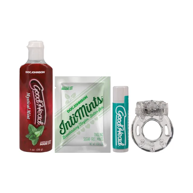 GoodHead kit contents with mint liquid, packet, lip balm, and clear ring