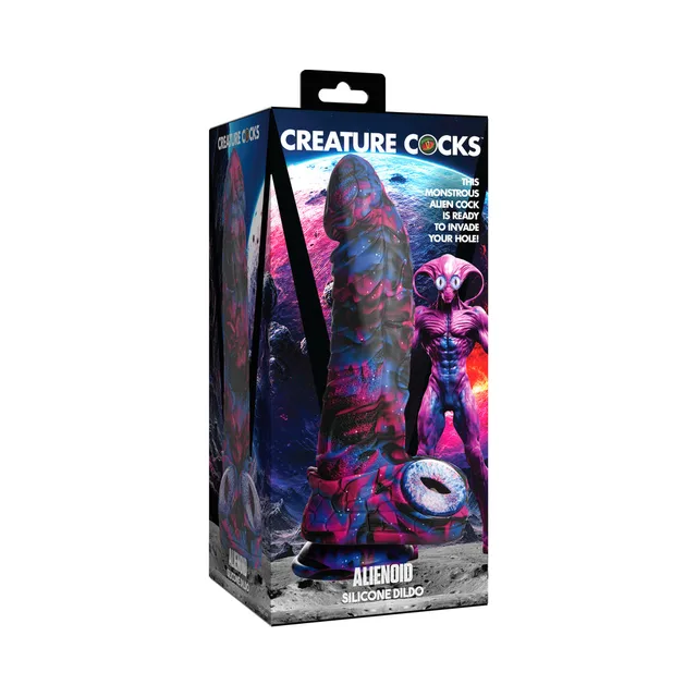 Creature Cocks Alienoid multicolor grooved dildo beside illustrated retail box