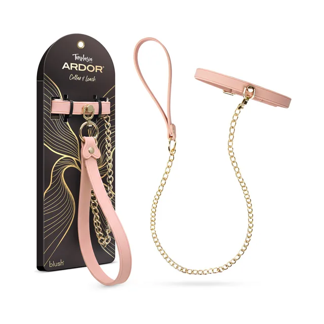 Temptasia Ardor pink collar and leash with black retail display card