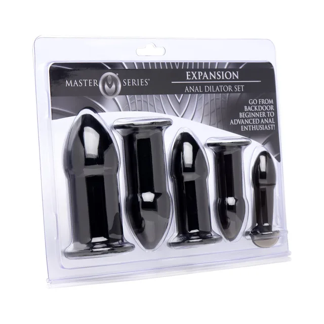 five black Master Series Expansion TPE anal dilators arranged in blister pack