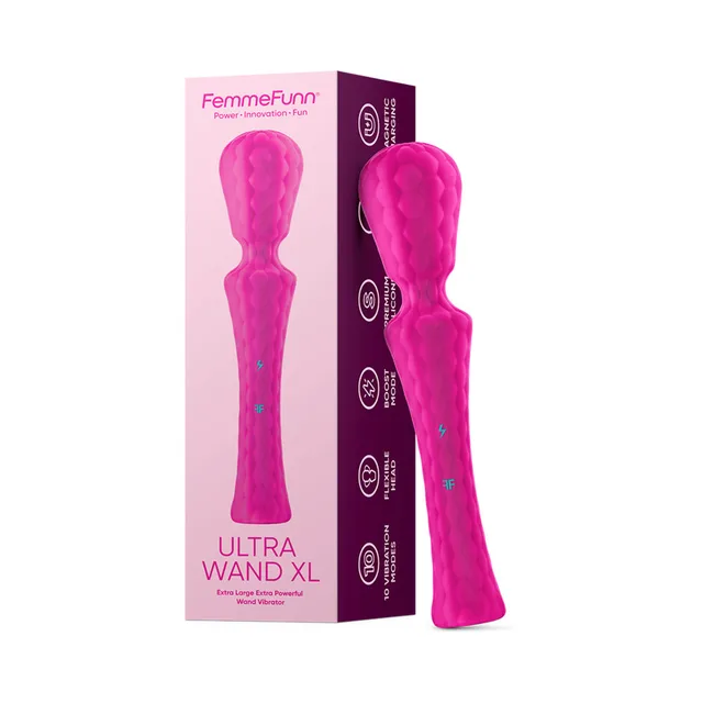 Hot pink FemmeFunn Ultra Wand XL beside retail box