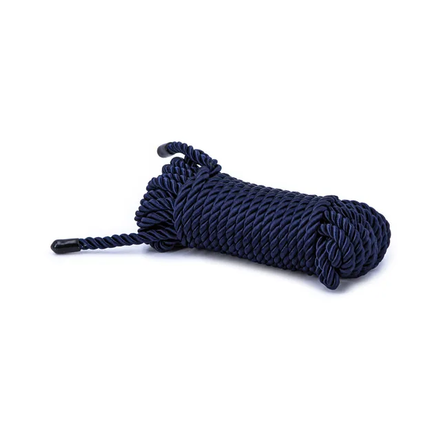 Coiled dark blue braided rope with finished end caps