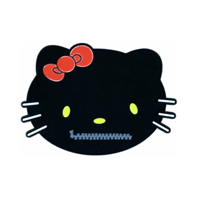 black cat-face Hello Kinky enamel pin with red bow and blue zipper mouth