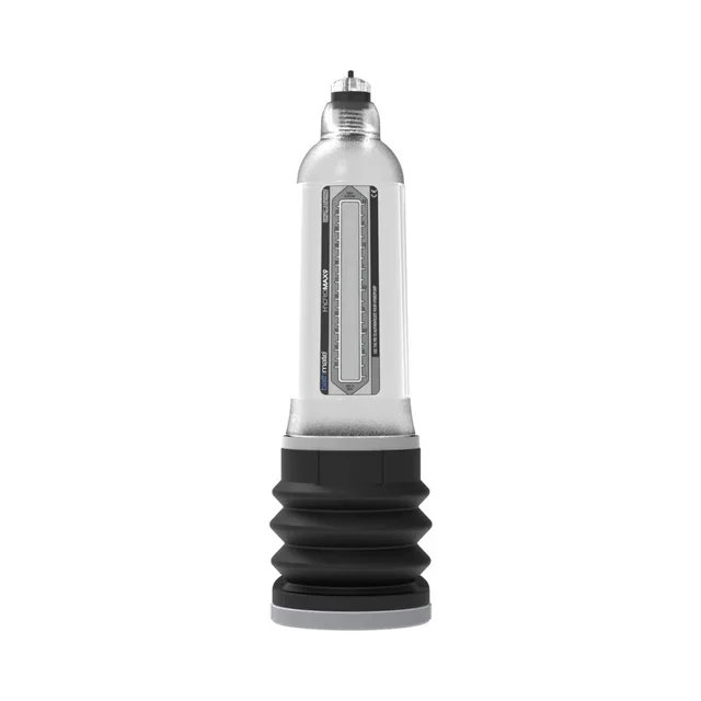 Bathmate Hydromax9 Clear penis pump isolated tall cylinder with vertical gauge and black bellows base