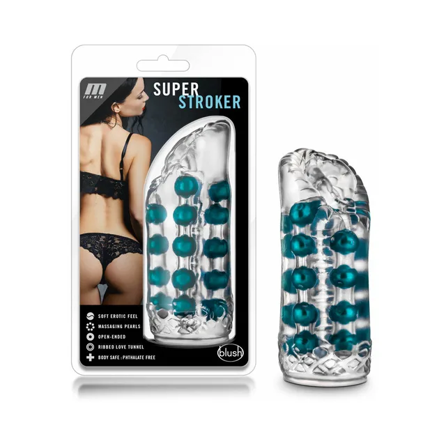 Blush M for Men Clear TPE Super Stroker beside clear hanging retail package