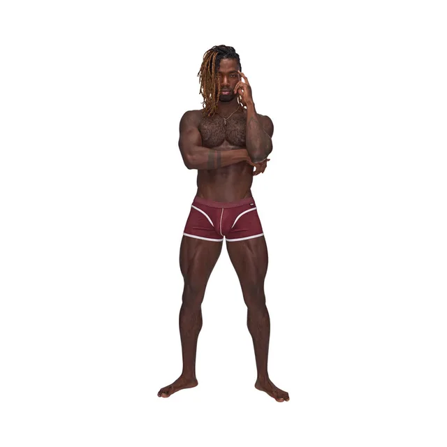 Full front view of model wearing burgundy and white Sport Mesh Mini Short