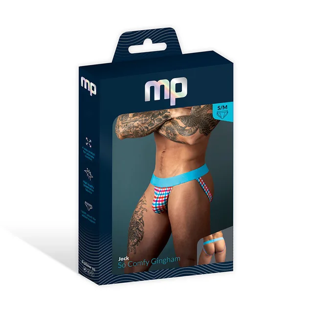 Male Power So Cumfy turquoise gingham jockstrap size S/M in a navy window retail box