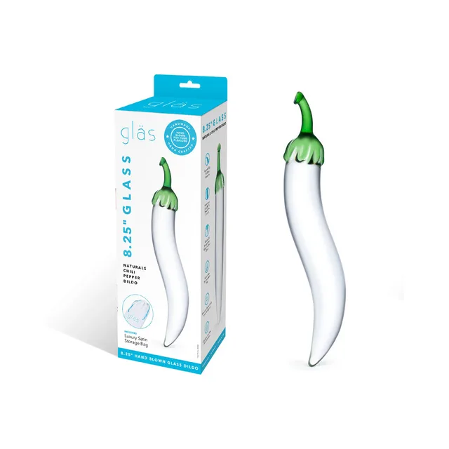 Glas Naturals Chili Pepper Dildo retail box beside white and green glass pepper shape