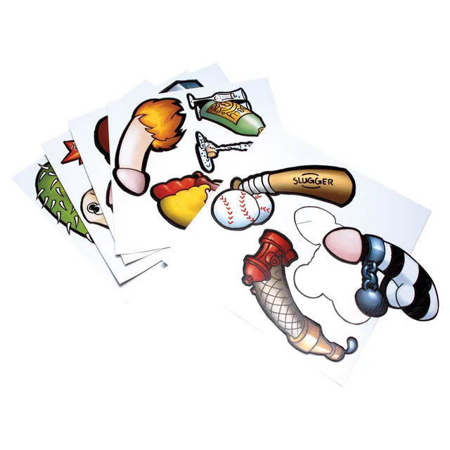 Stack of illustrated Pin the Cock on the Jock game pieces