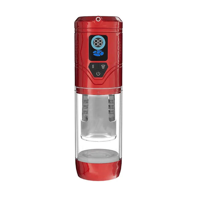Shots PUMPED Sensurge red heated suction masturbator front view with digital control panel and transparent lower chamber