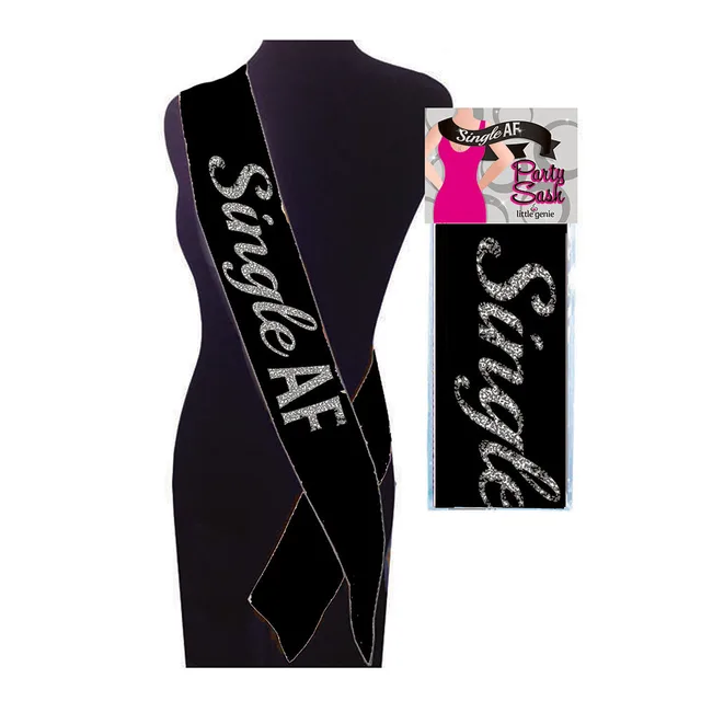 Black Single AF party sash with silver glitter lettering