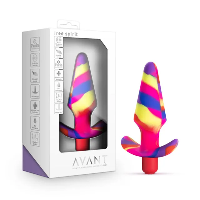 rainbow-striped Avant Free Spirit tapered vibrating plug beside its white retail box