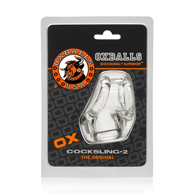 OxBalls Cocksling 2 Clear Sling inside black orange hanging package