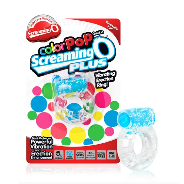 Screaming O Color Pop Plus clear ring with blue vibrator and retail card