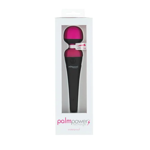 BMS Palm Power Massager black wand with pink head inside white windowed box