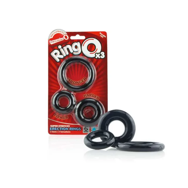 Screaming O RingO Black Rings three loose black rings beside red hanging pack