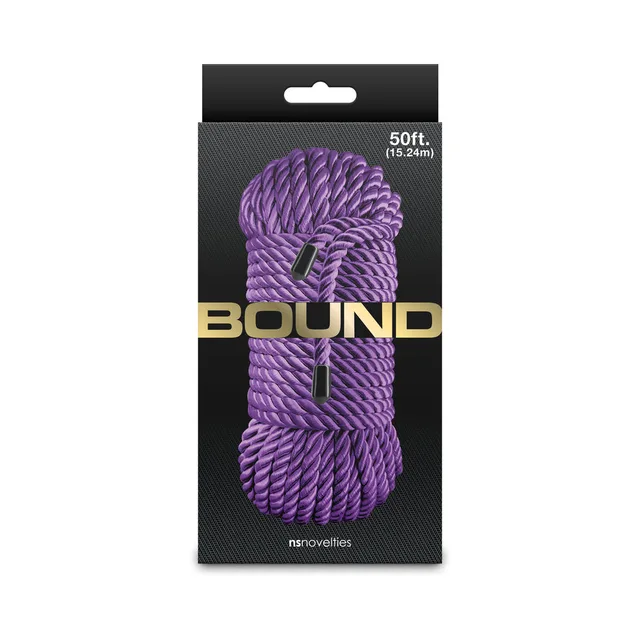NS Novelties Bound 50 ft purple rope coiled inside the black hanging retail sleeve