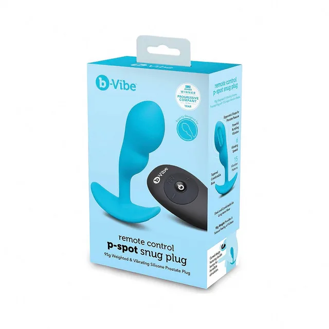blue small b-Vibe P-Spot Snug Plug with rechargeable remote pictured on box