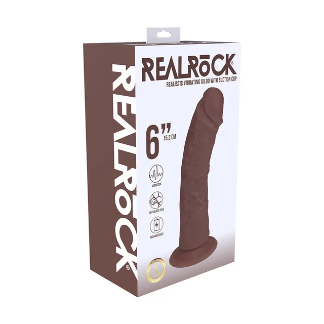 RealRock 6-inch curved brown vibrating dildo in tall carton