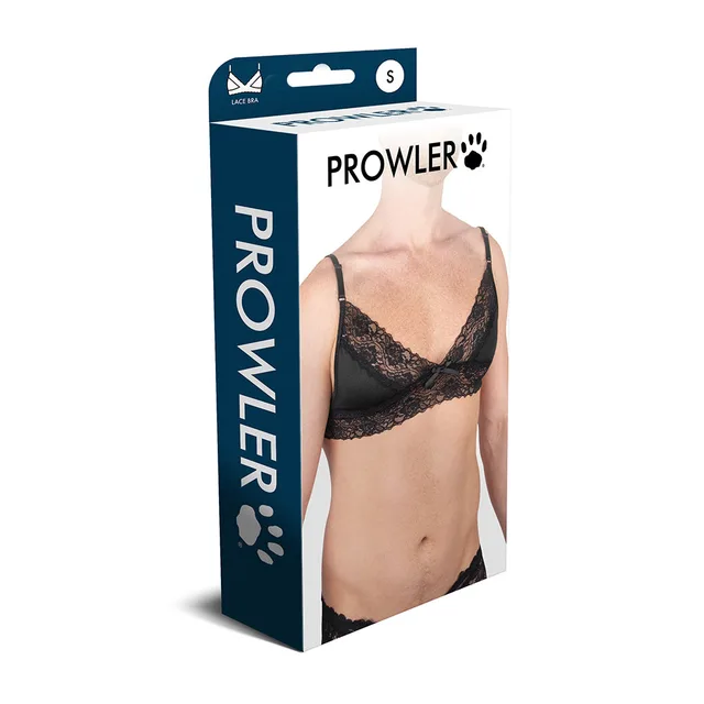 Prowler black floral-lace plunge bra in size S pictured on retail box