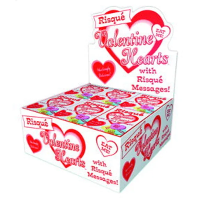 Little Genie Risque Valentine heart candy cartons in a pink and white countertop case