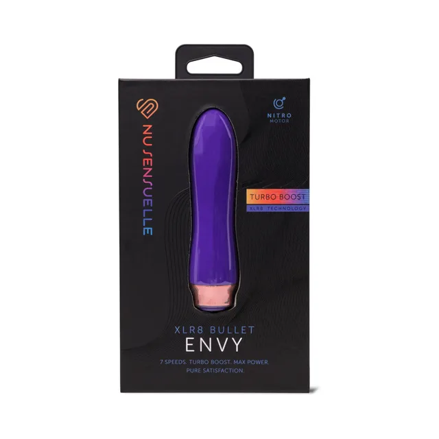 Nu Sensuelle Envy XLR8 deep purple bullet vibrator in black retail package