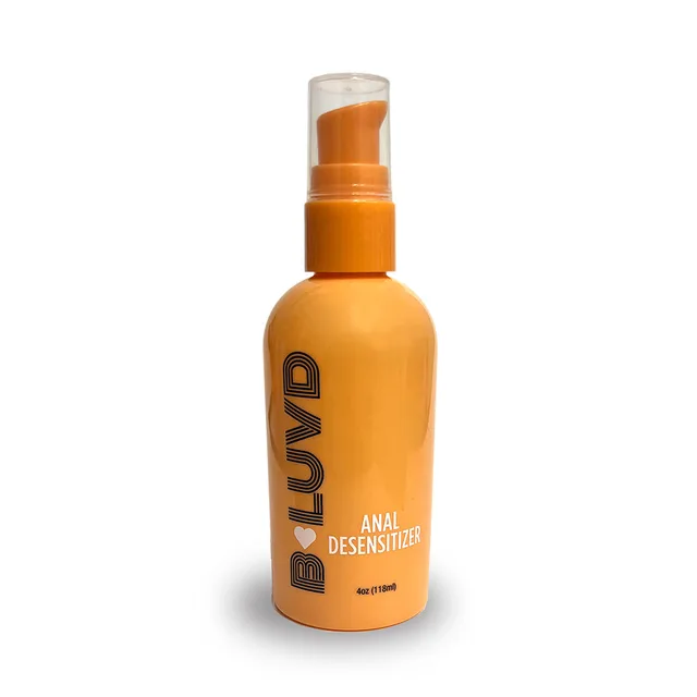 orange 4 oz B-Luvd Anal Gel bottle with teardrop pump and clear cap