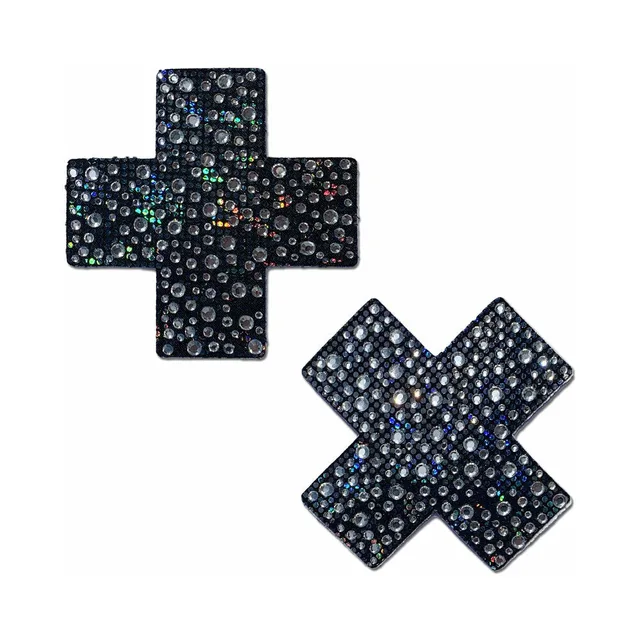 black cross Pastease pasties covered with silver crystal detailing