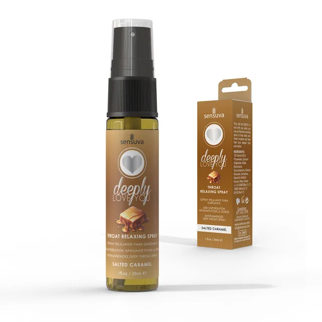 Sensuva Salted Caramel spray bottle beside tan Deeply Love You carton