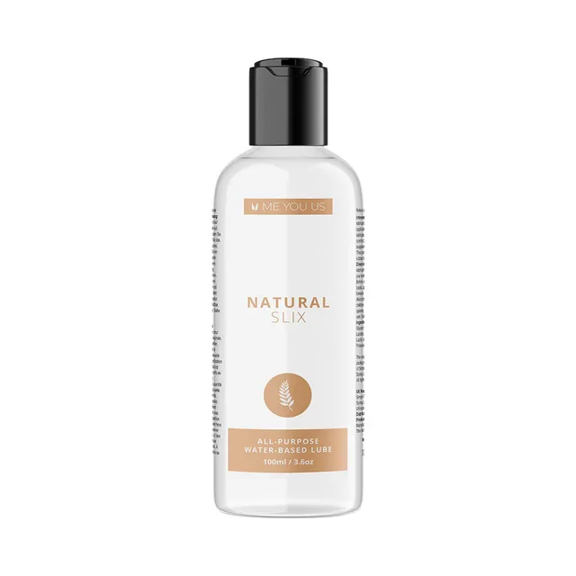 Me You Us Natural Slix 3.3 oz clear bottle with beige label and black cap