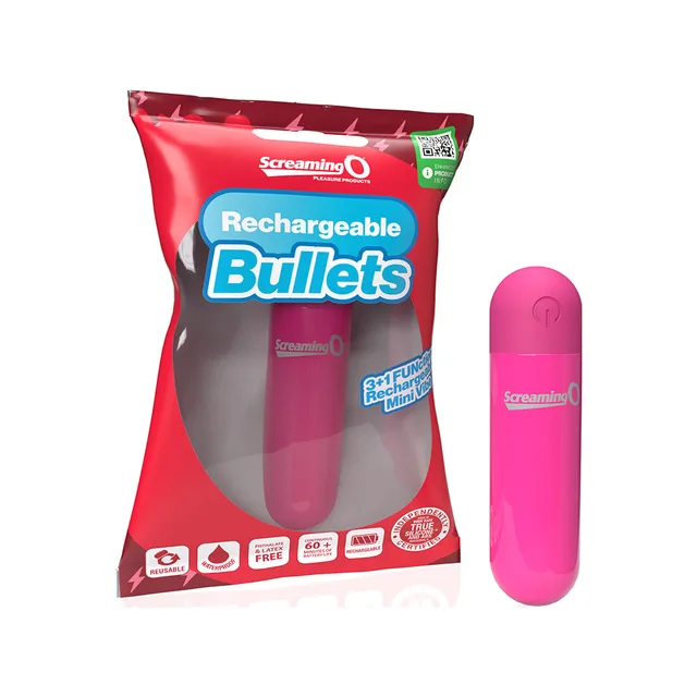 hot pink Screaming O rechargeable bullet vibrator next to red retail pouch