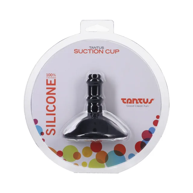 Front round package of black Tantus Onyx suction cup attachment