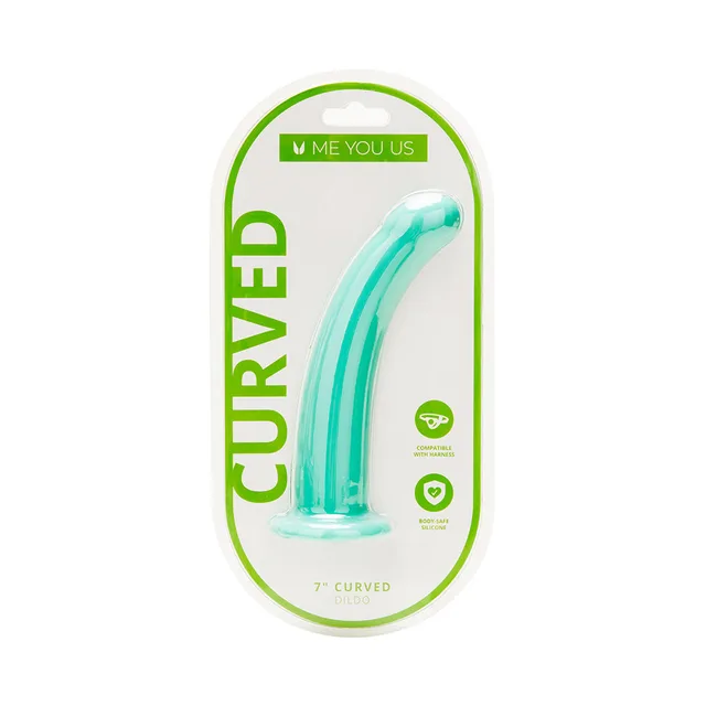 translucent aqua Me You Us seven-inch curved silicone dildo with flared base in package
