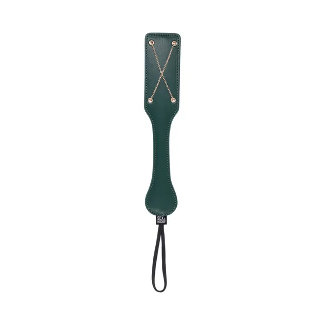 Emerald-green Sportsheets Indica paddle with gold chain inlay and wrist loop