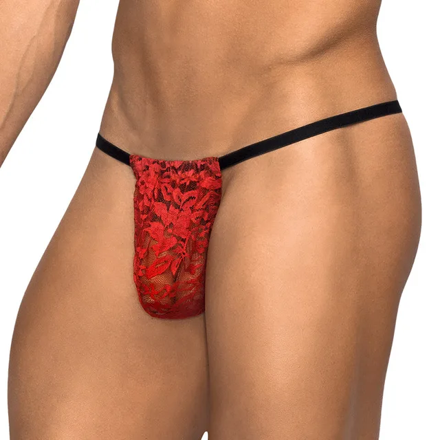 Male Power Red Stretch Lace Posing Strap front view with red floral lace pouch and narrow straps