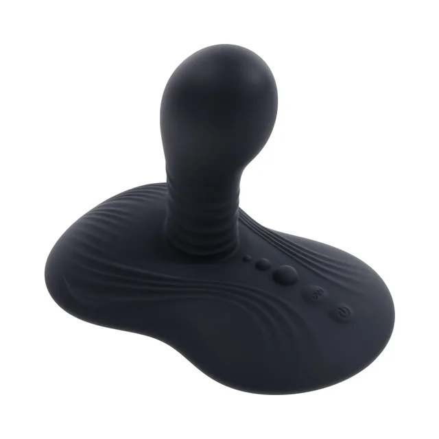 Front three-quarter view of black Playboy saddle vibrator